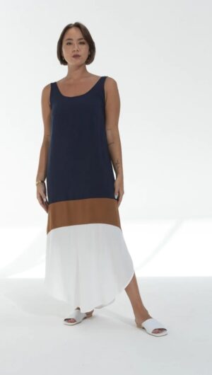 Cocoon Dress | Navy Blue | Brown | White